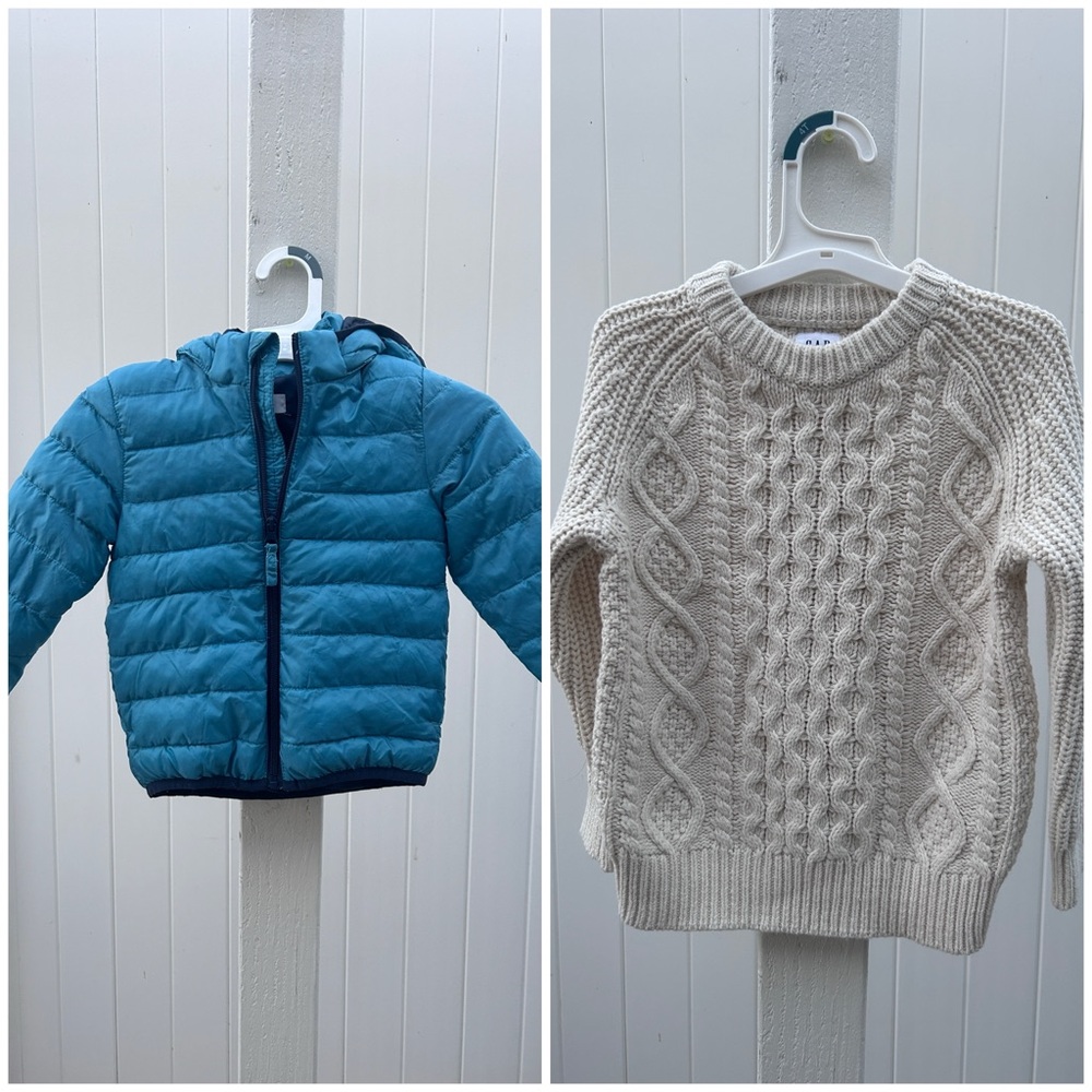 H&M Navy Puffer Jacket and GAP cream sweater